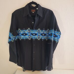 Plains Western Wear Shirt Mens L Black Snap Aztec Stripe Southwestern